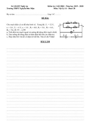 2 Đề kiểm tra 1 tiết học kỳ I môn Vật lý Lớp 11 (Ban cơ bản) - Năm học 2019-2020 - Trường THPT Nguyễn Đức Mậu